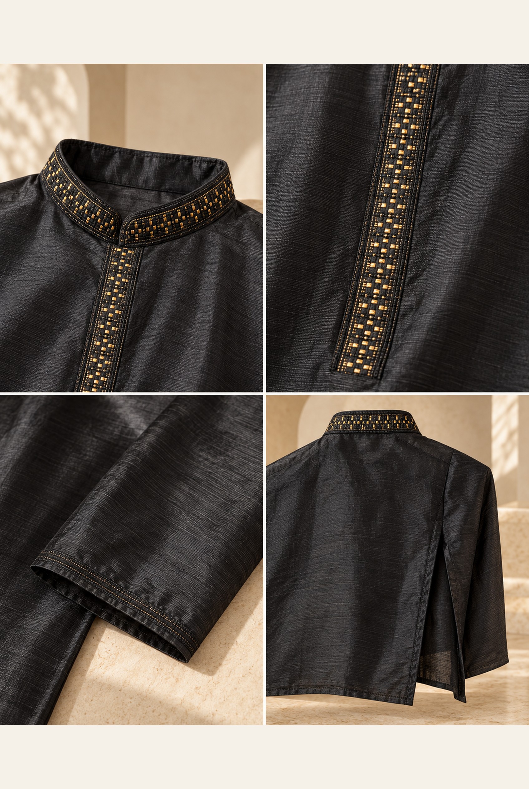 Midnight Black Gold-Embroidered Kurta, view 6