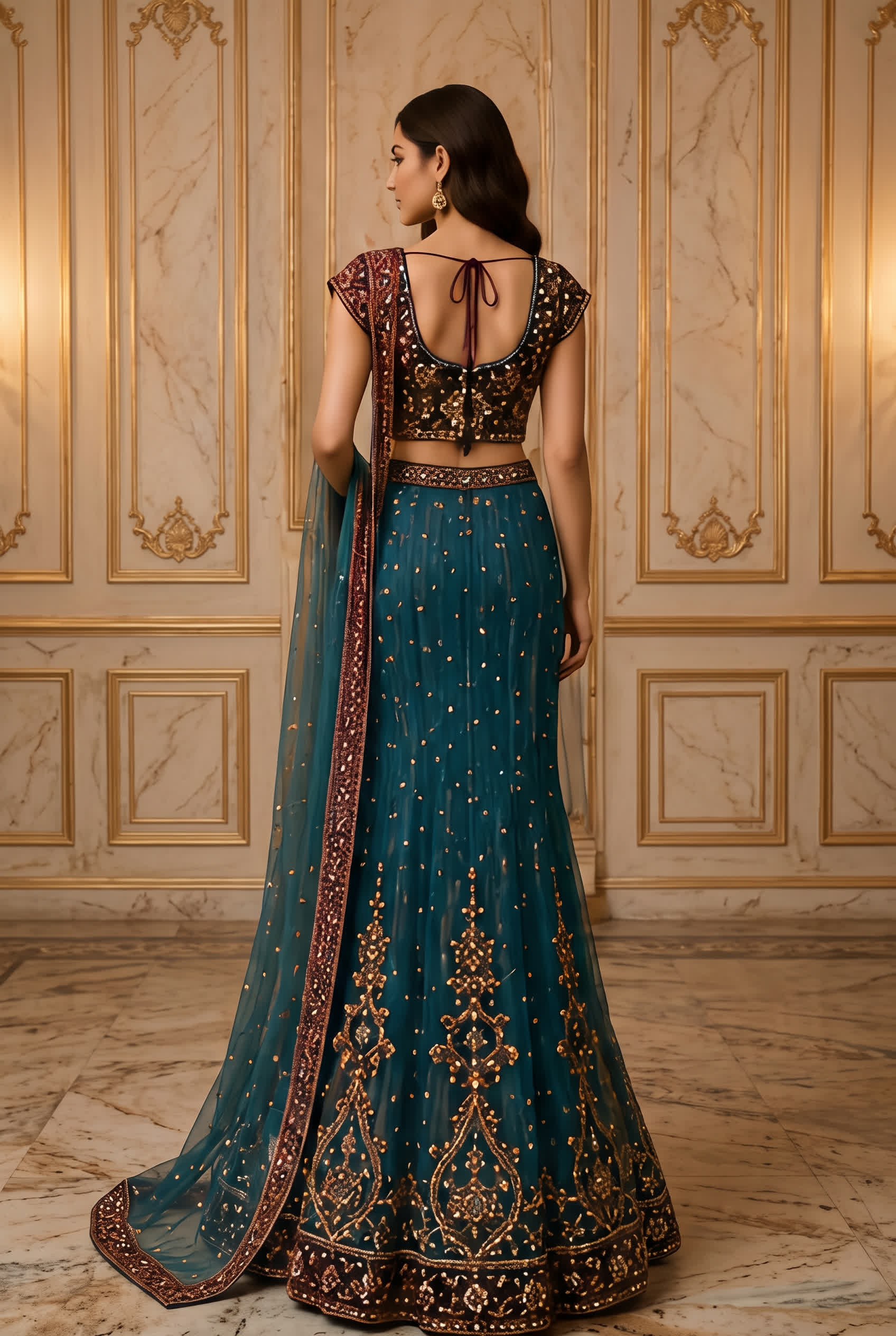 Peacock Teal & Wine Lehenga, view 3