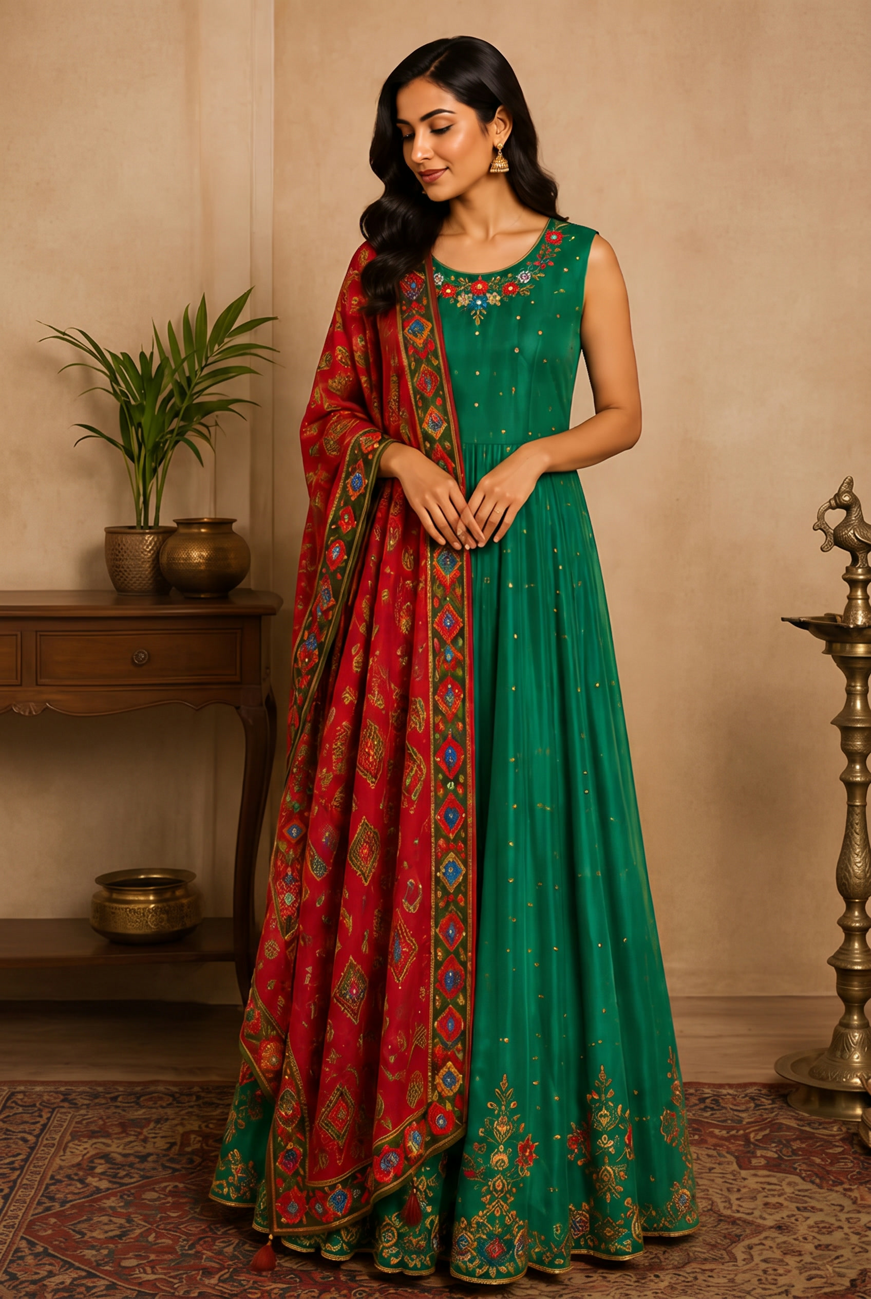 Emerald Meadow Anarkali Ensemble modeled, alternate pose