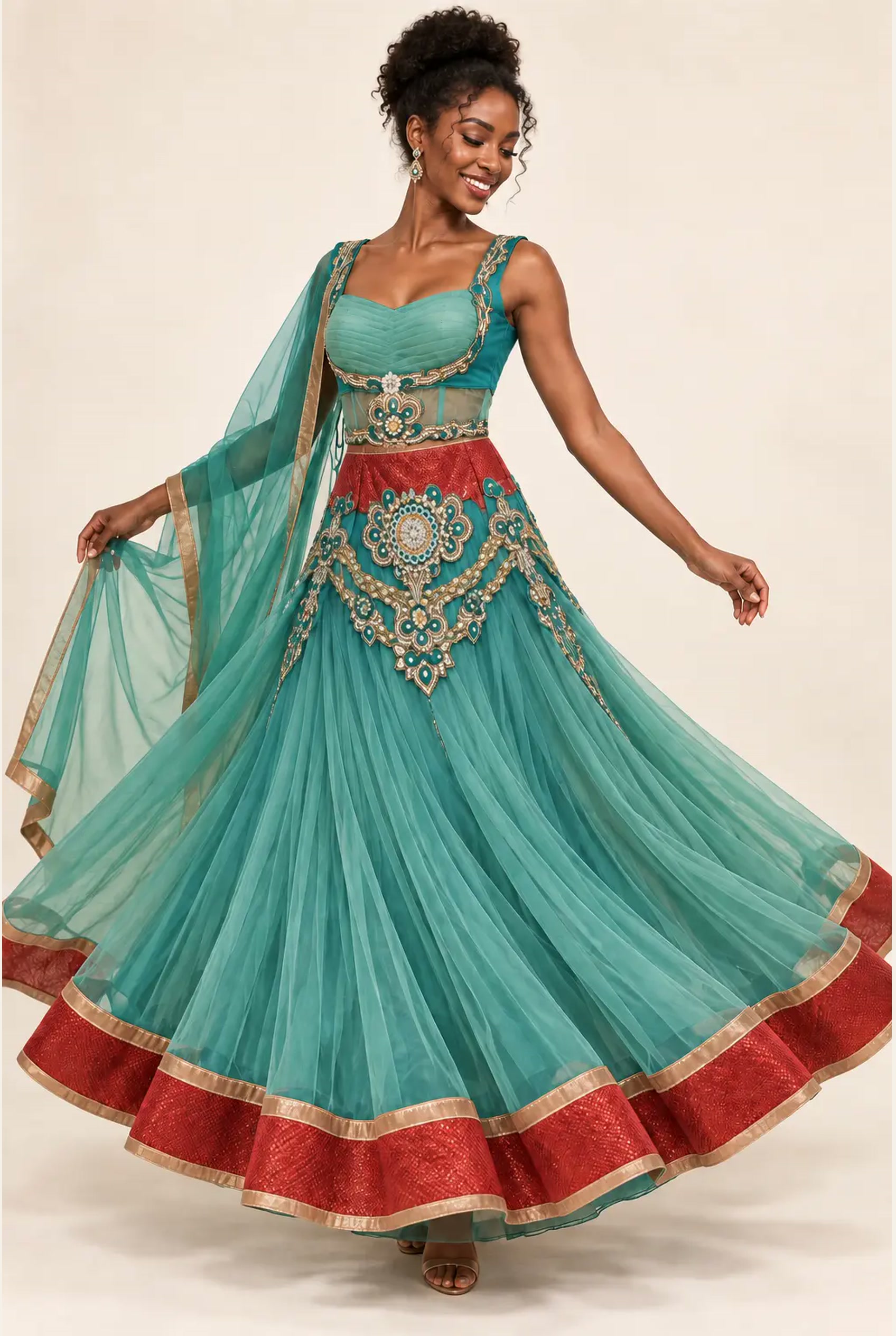 Emerald Corset Lehenga Set modeled, alternate pose