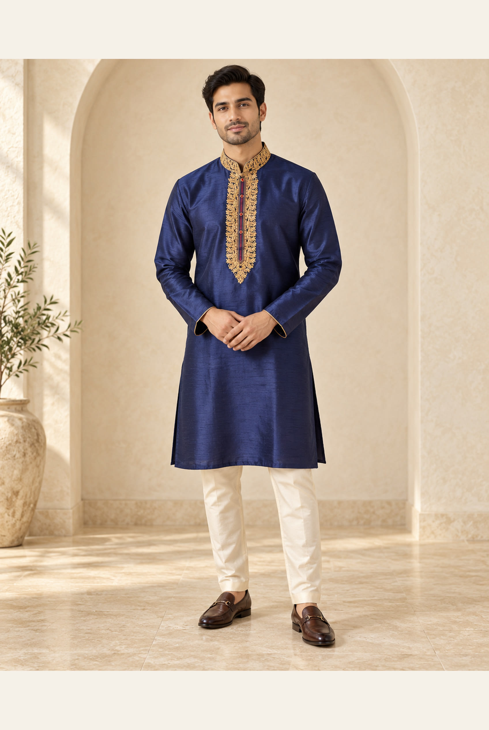 Midnight Navy Gold-Embroidered Kurta modeled