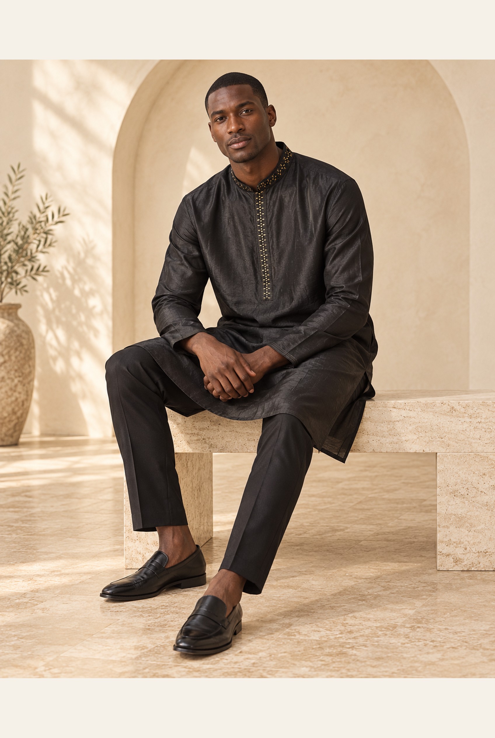 Midnight Black Gold-Embroidered Kurta, view 3