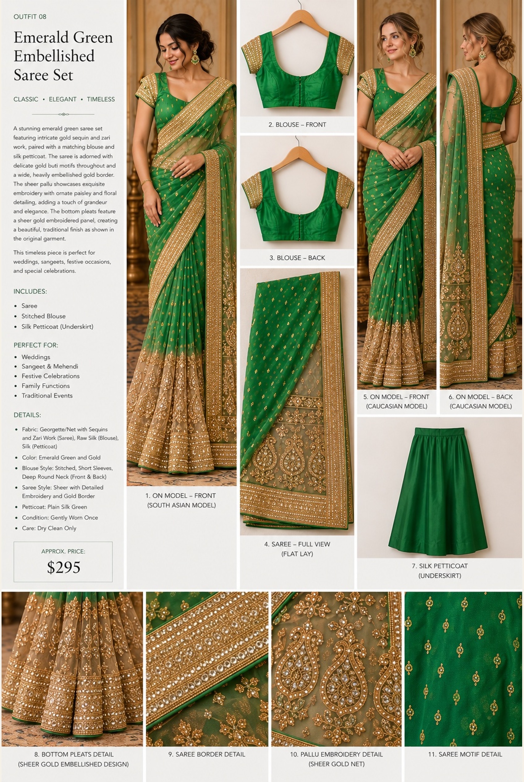 Emerald Green Embellished Saree Set, view 10