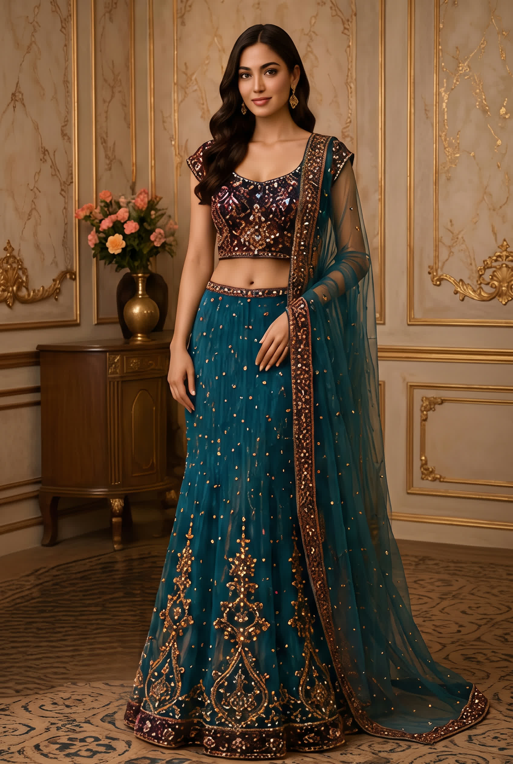 Peacock Teal & Wine Lehenga modeled, alternate pose