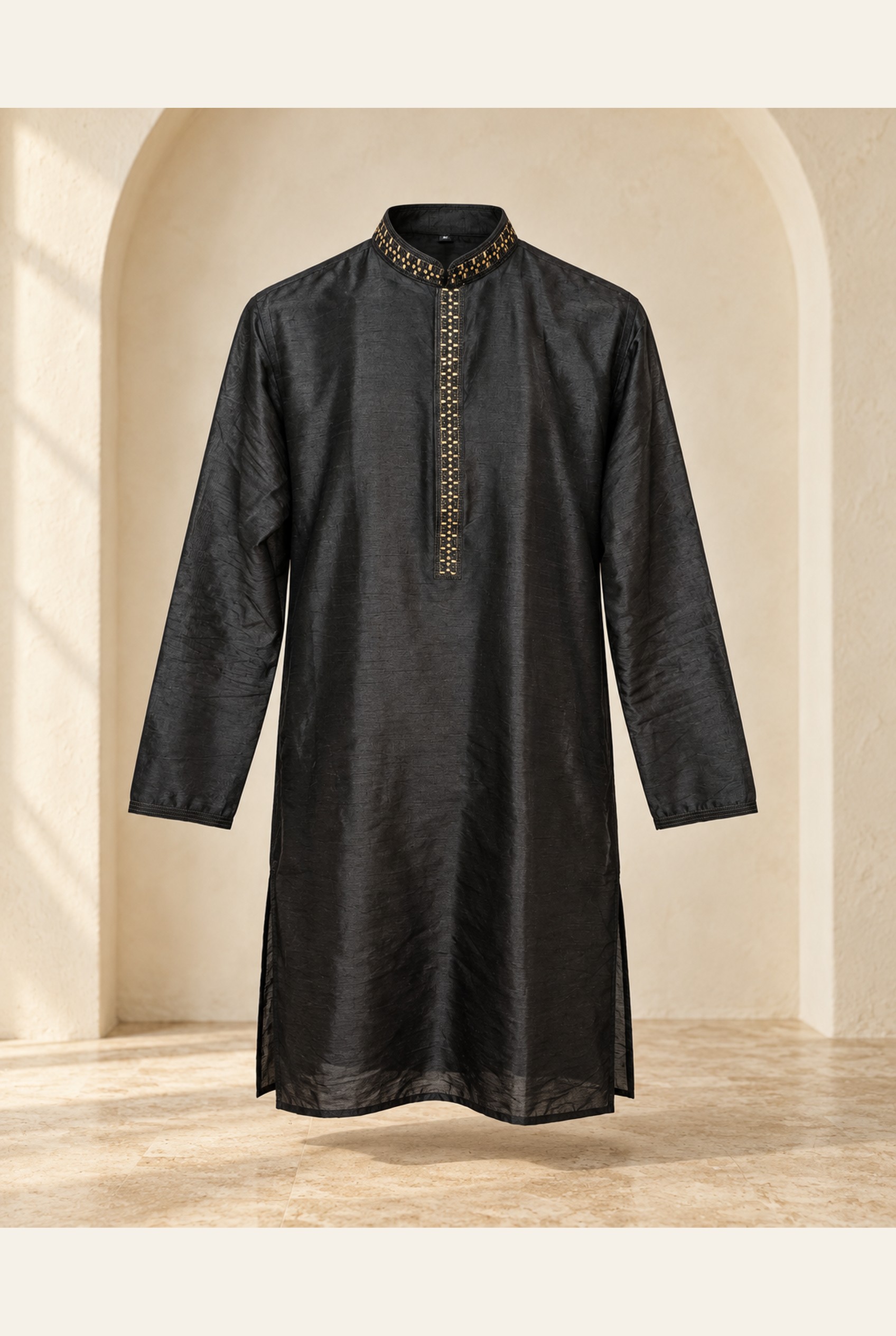 Midnight Black Gold-Embroidered Kurta, view 5