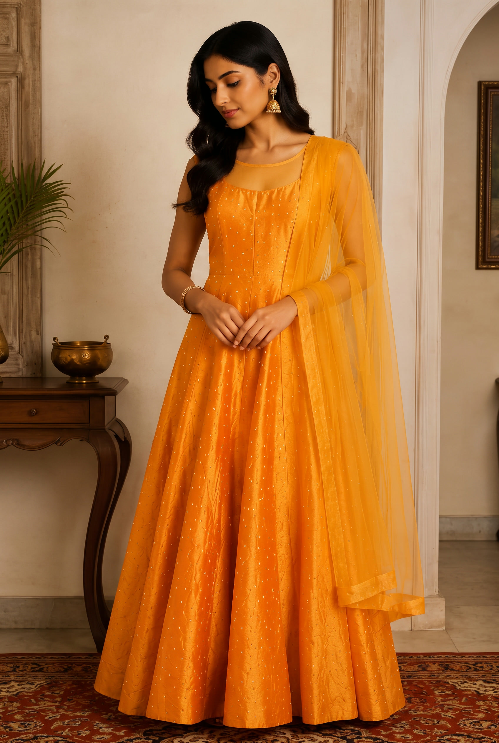 Golden Haldi Anarkali modeled