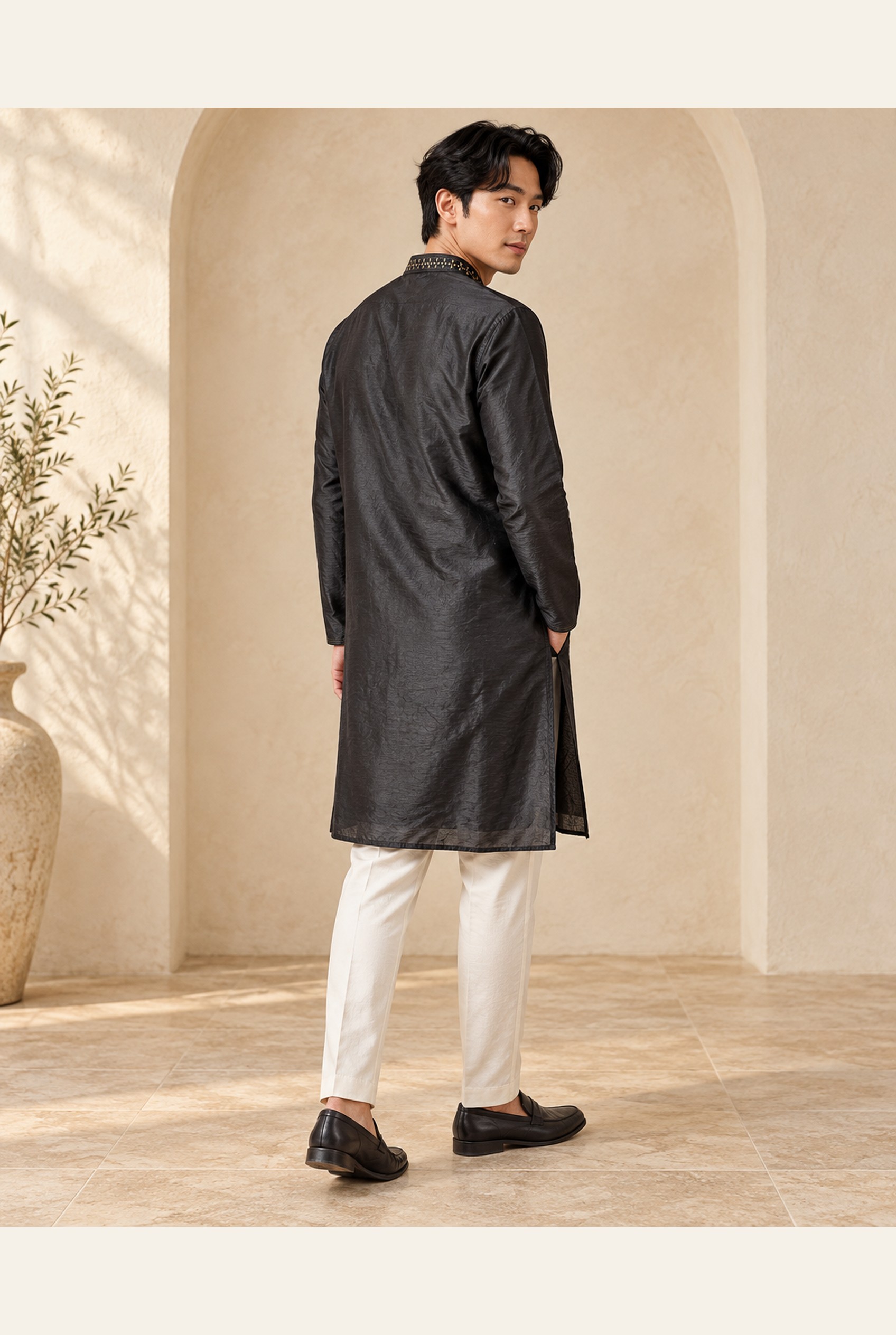 Midnight Black Gold-Embroidered Kurta, view 4