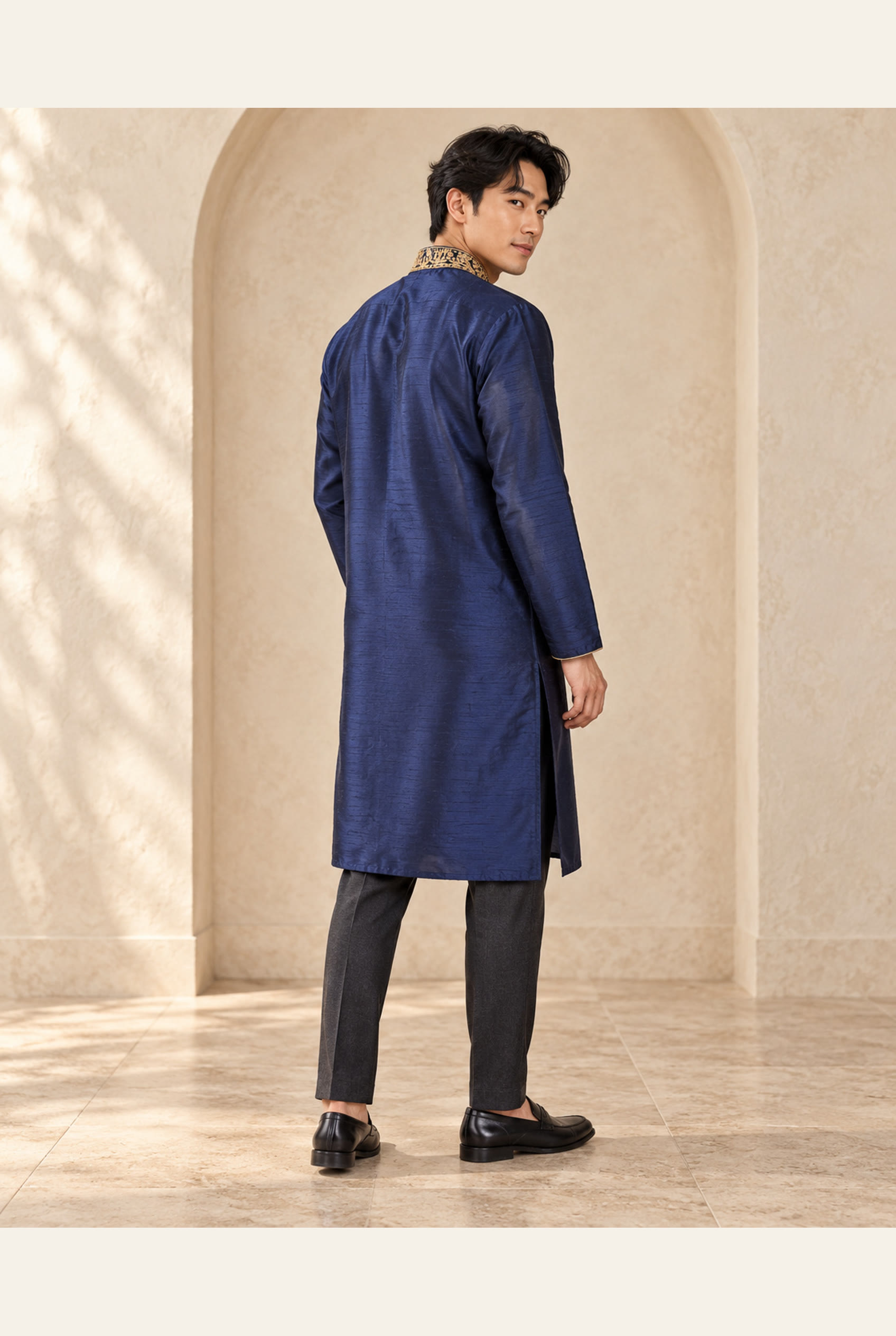 Midnight Navy Gold-Embroidered Kurta, view 4