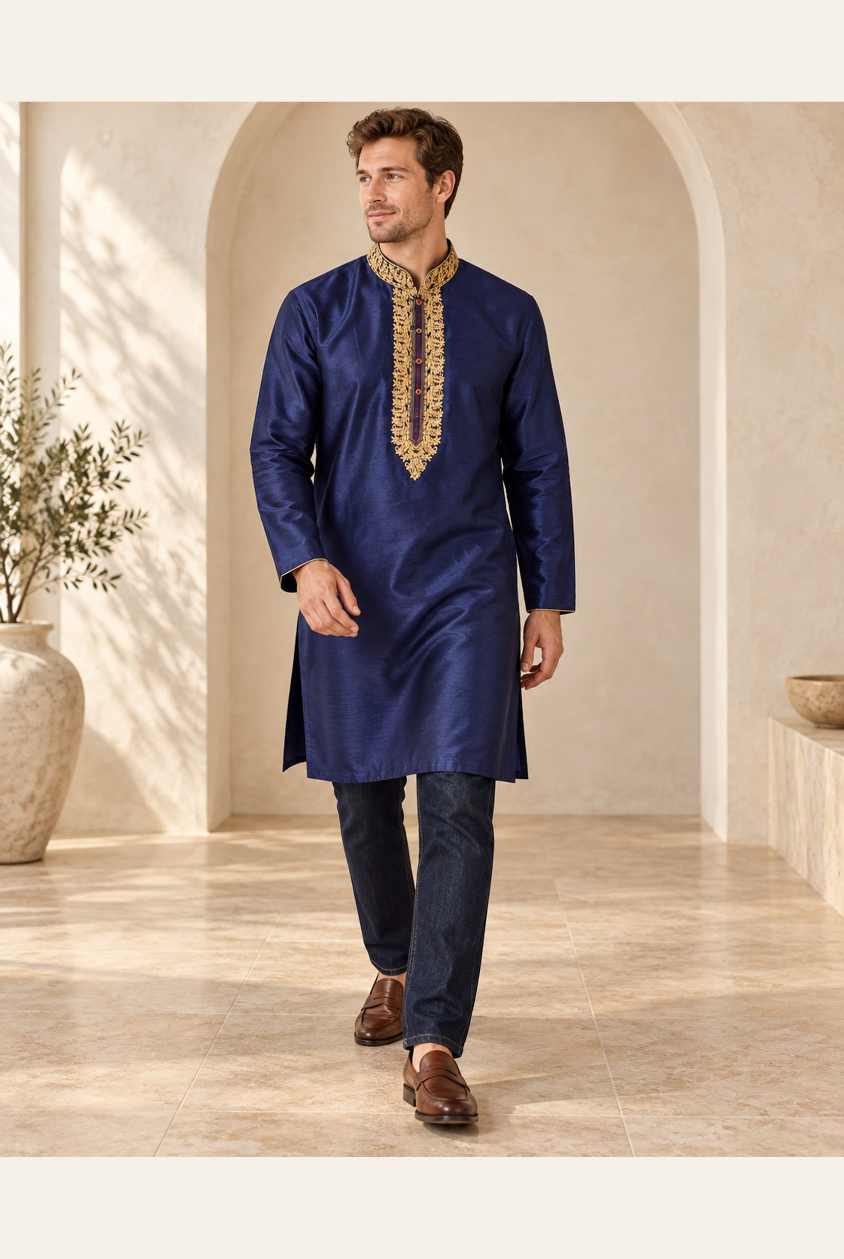 Midnight Navy Gold-Embroidered Kurta, view 3