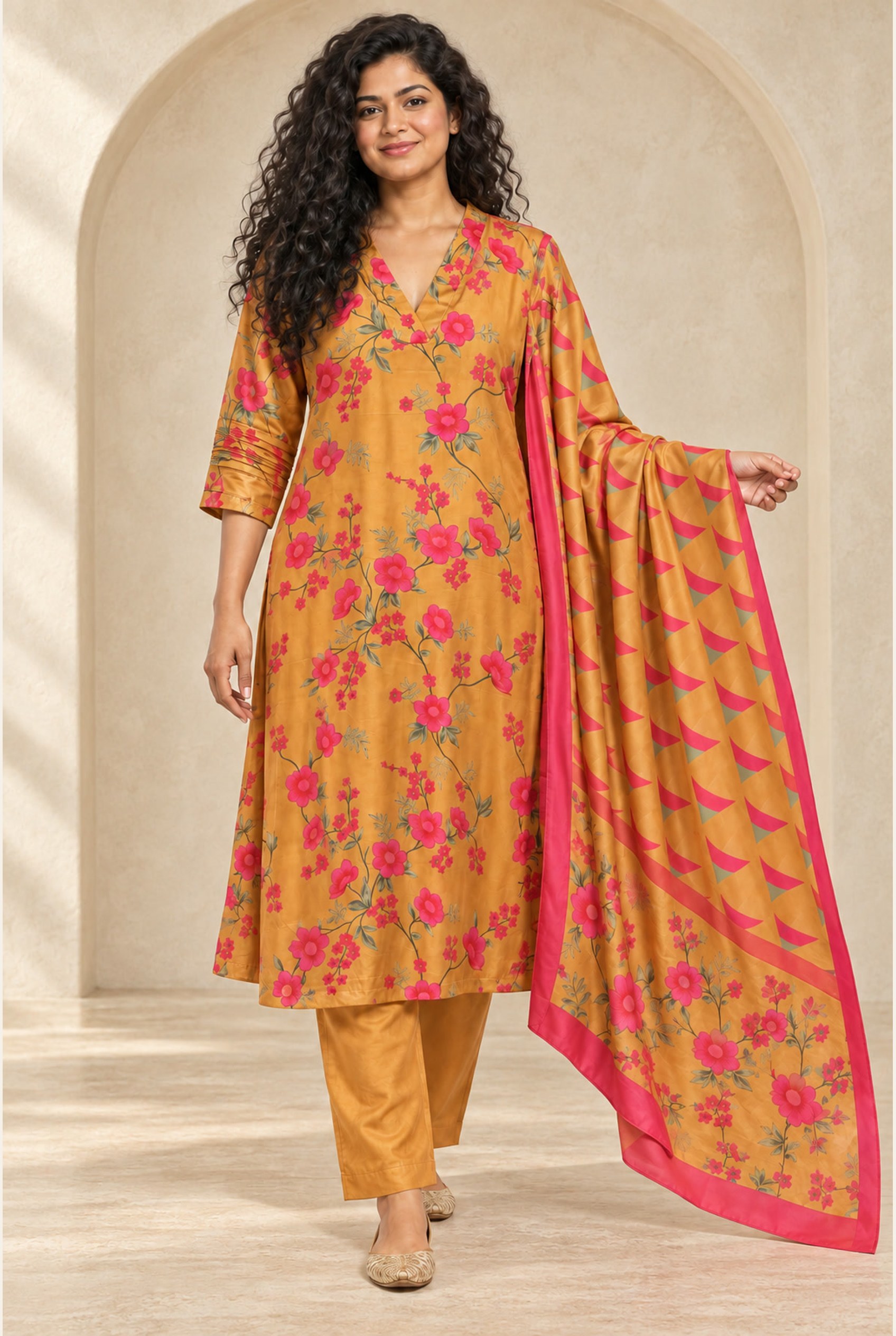 Marigold & Fuchsia Floral Kurta Set modeled