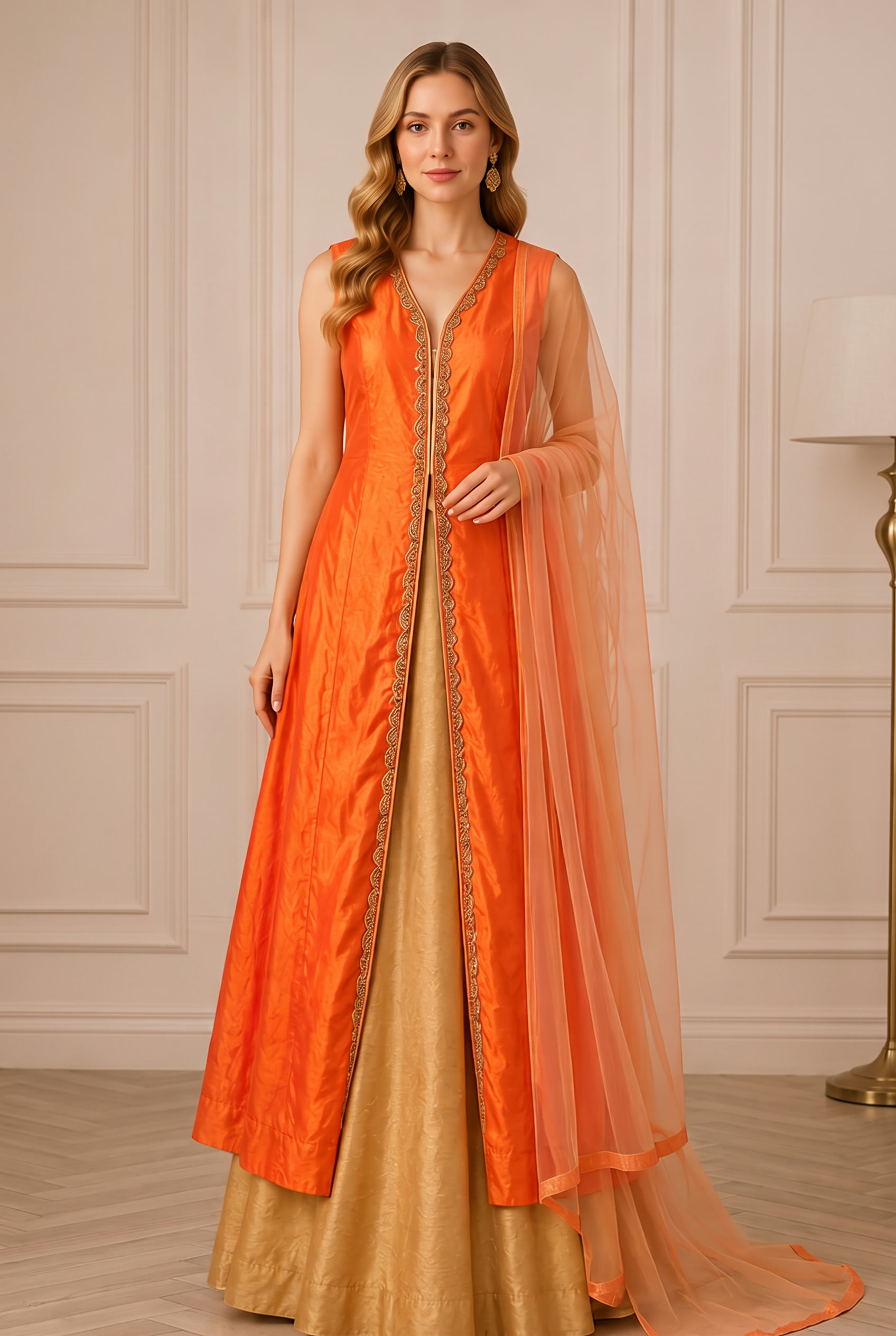Sunset Orange Silk Ensemble modeled, alternate pose