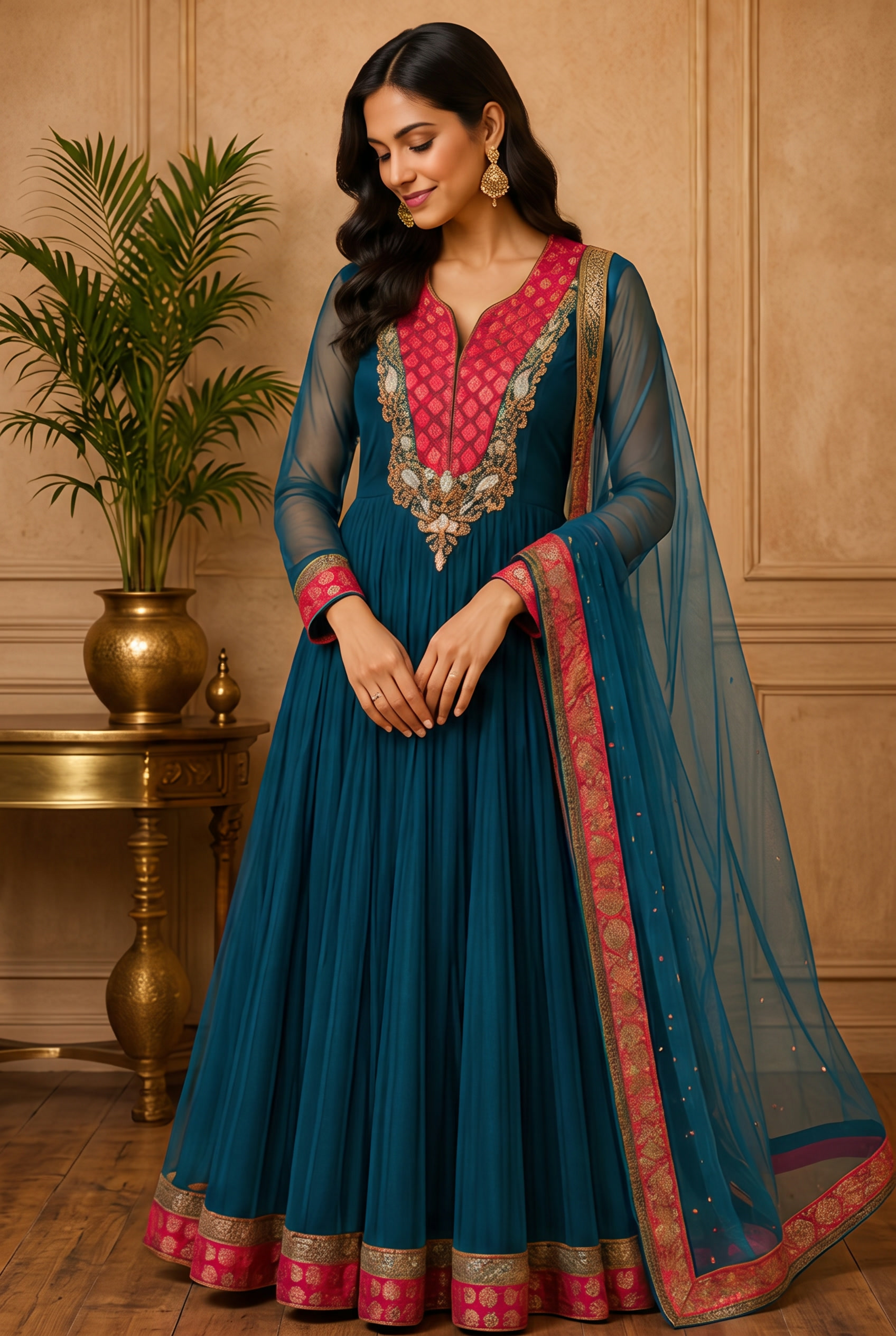 Teal & Fuchsia Embellished Anarkali modeled