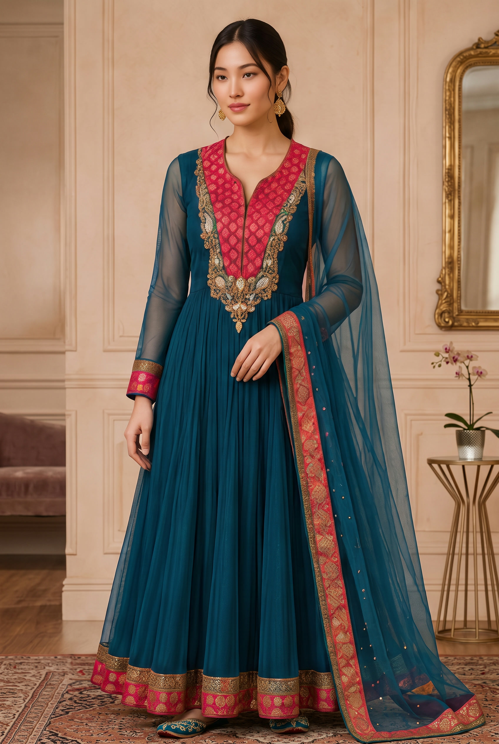 Teal & Fuchsia Embellished Anarkali modeled, alternate pose
