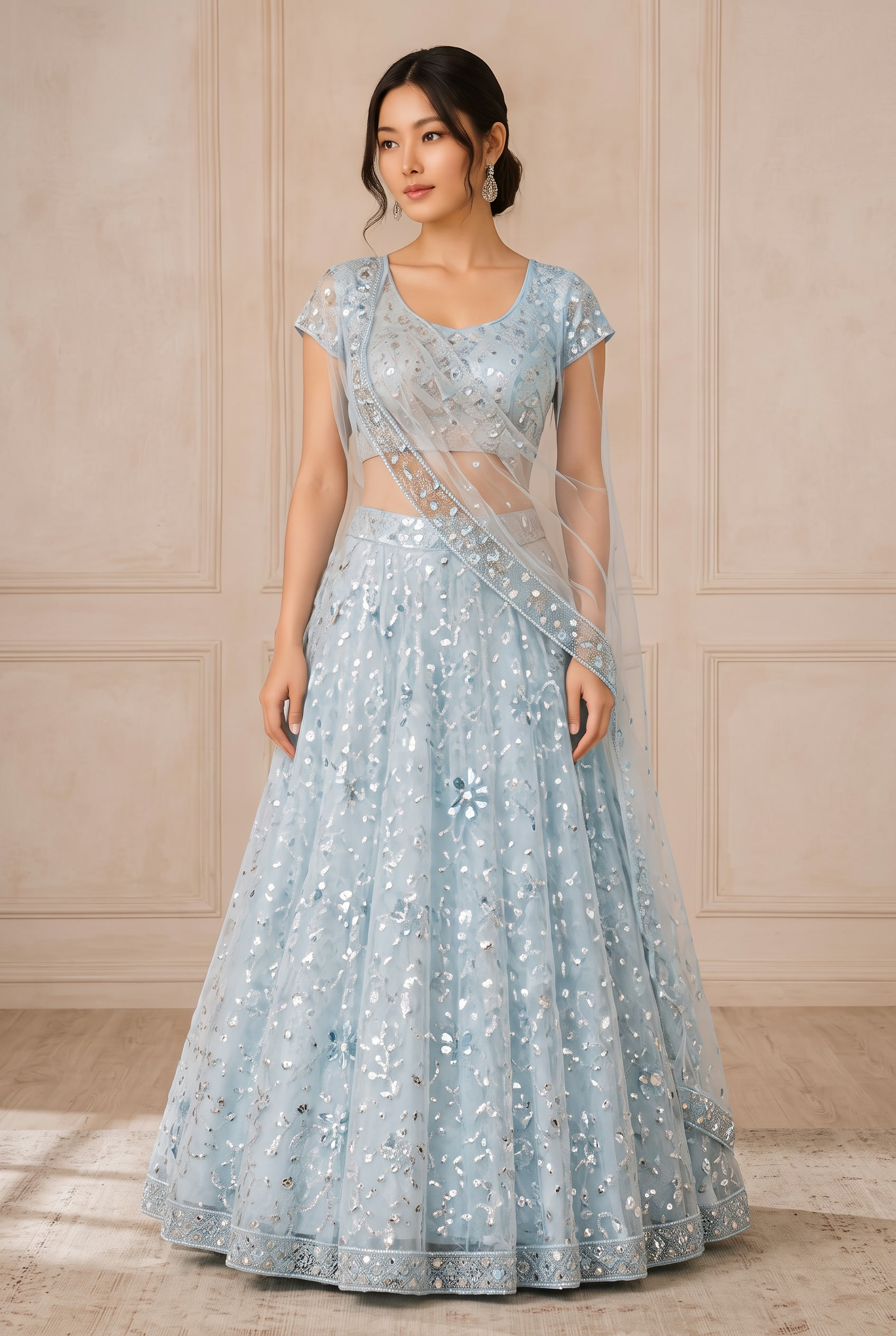 Ice Blue Sequin Lehenga Set modeled