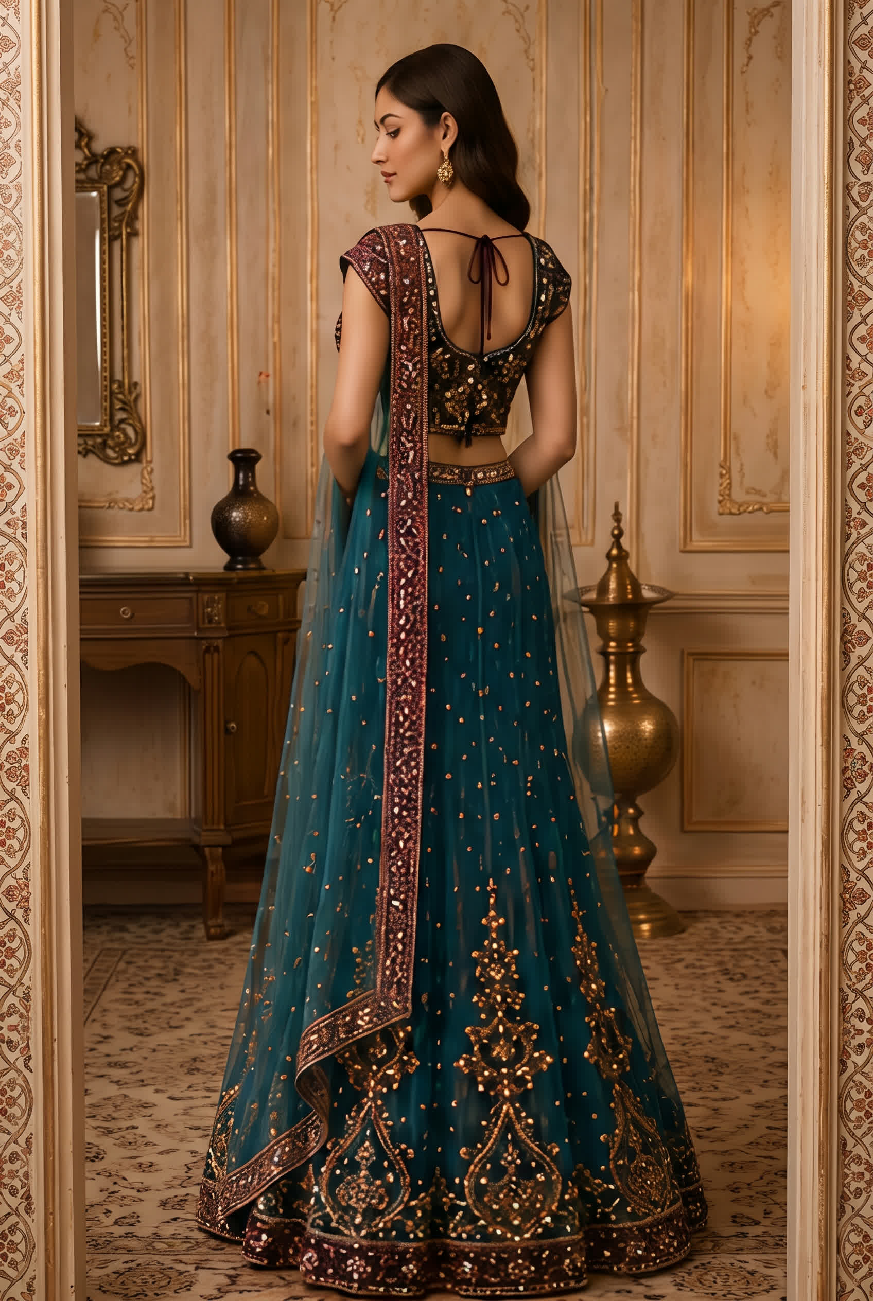 Peacock Teal & Wine Lehenga, view 4