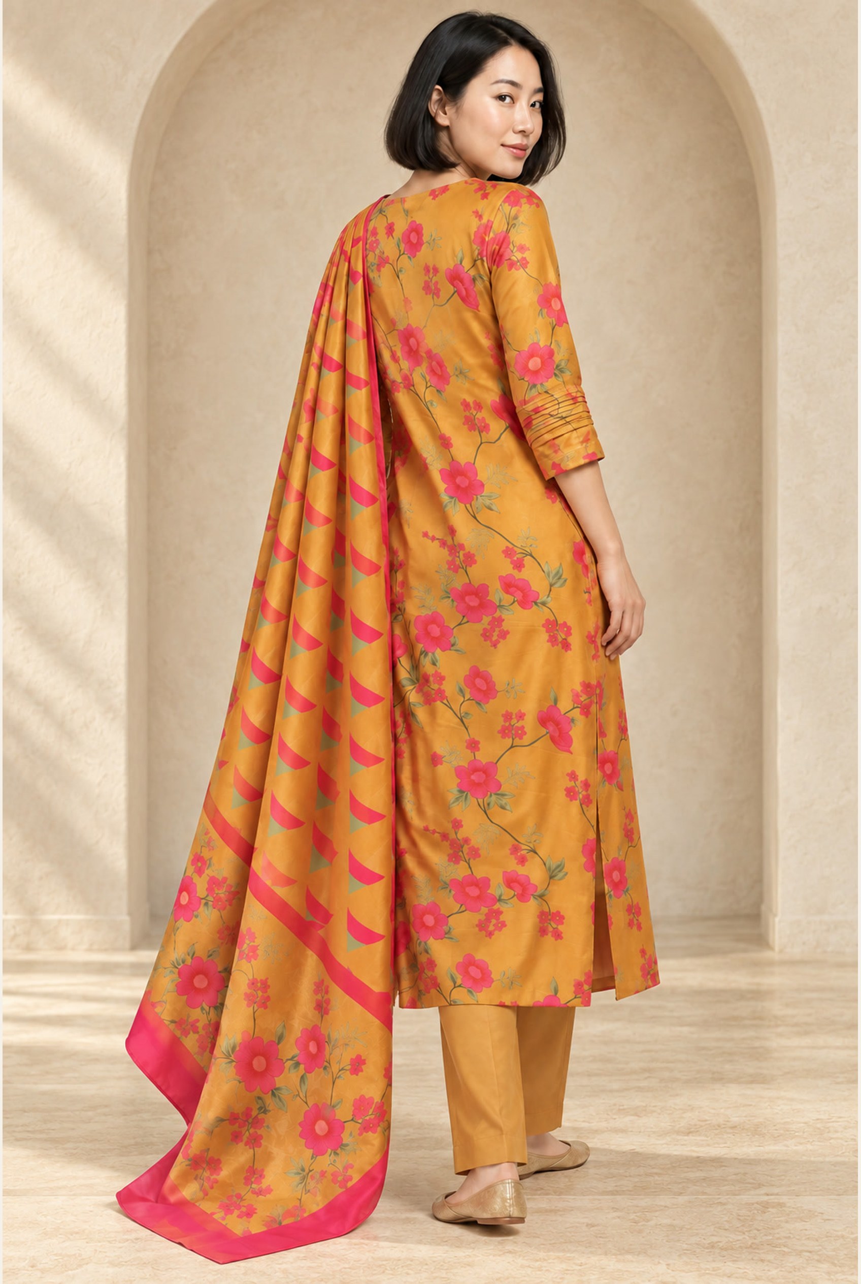 Marigold & Fuchsia Floral Kurta Set modeled, alternate pose