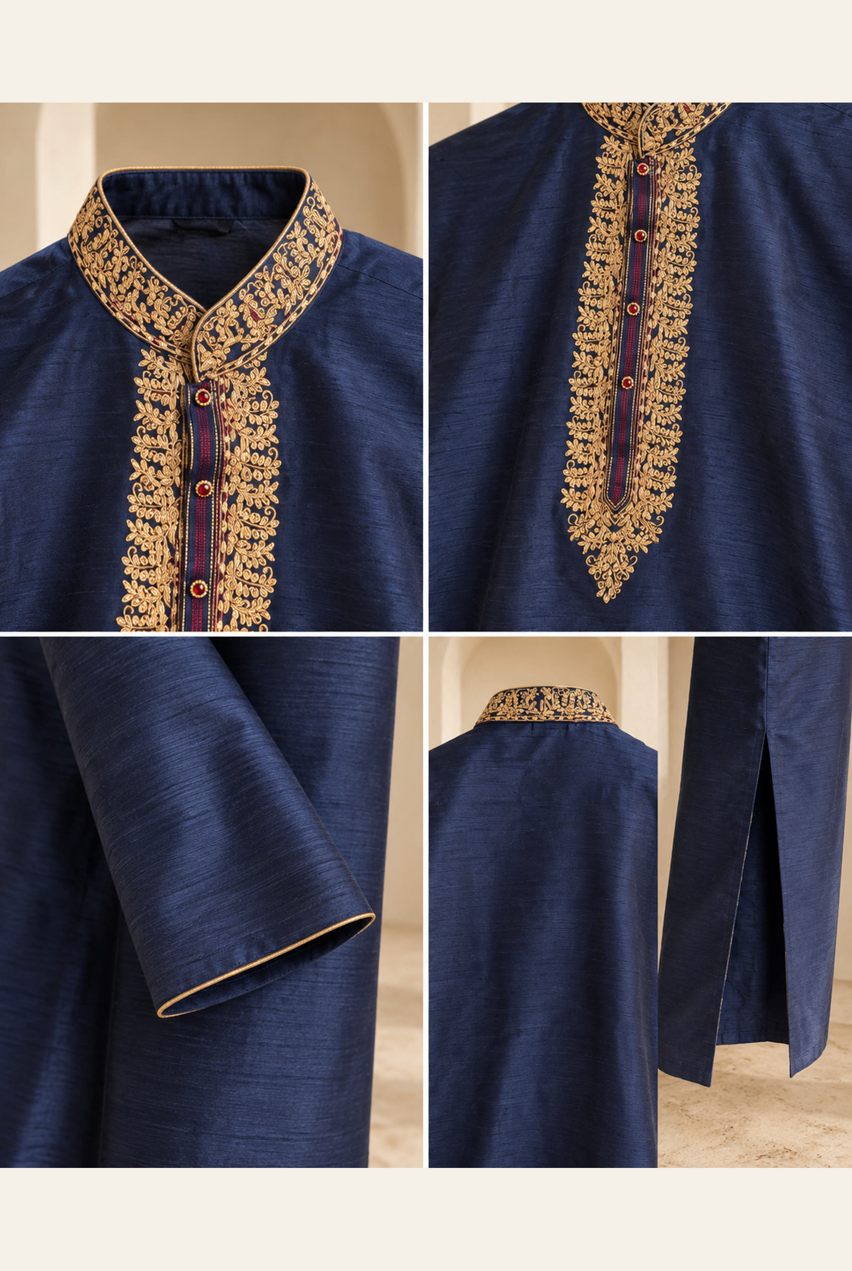 Midnight Navy Gold-Embroidered Kurta, view 6