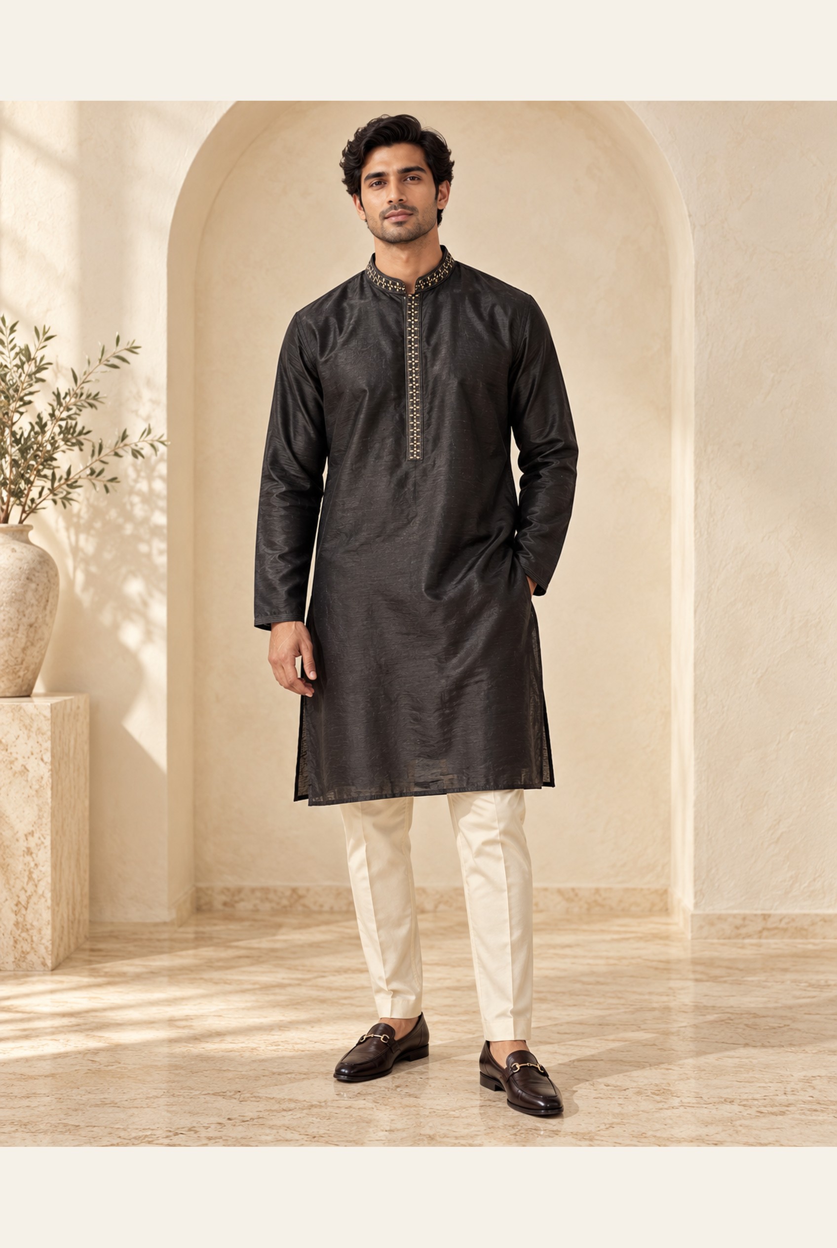 Midnight Black Gold-Embroidered Kurta modeled