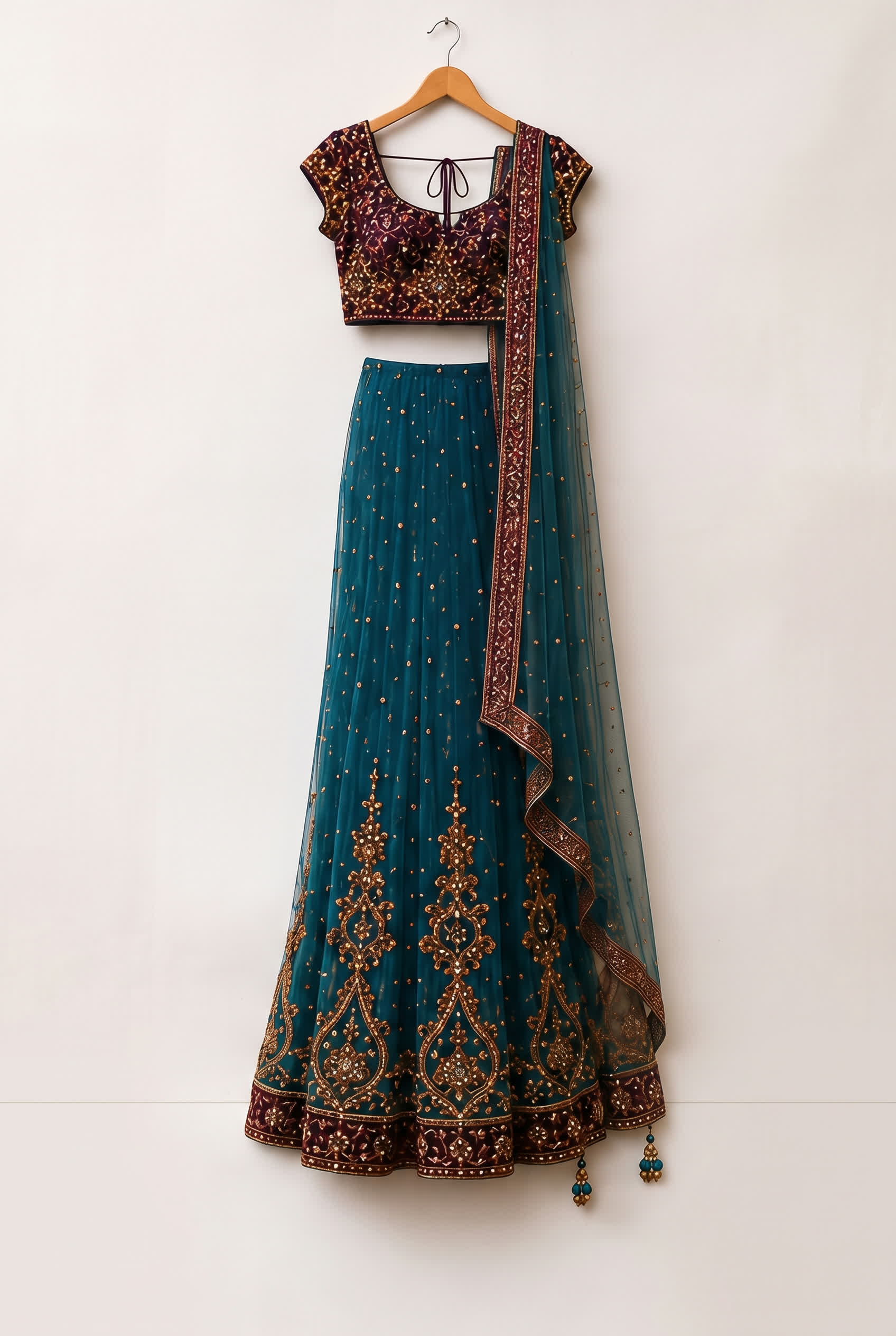 Peacock Teal & Wine Lehenga, view 5