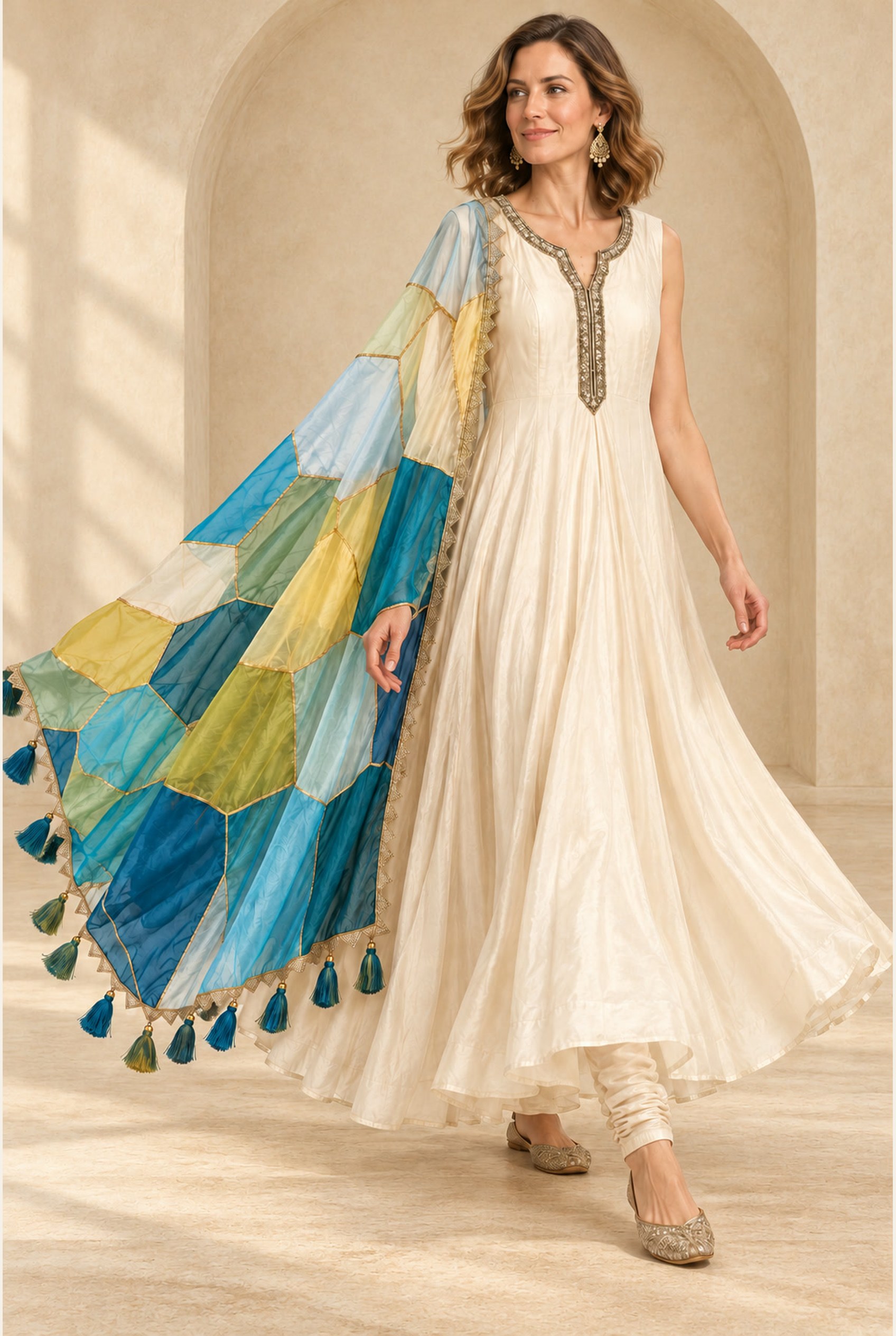 Ivory Stained-Glass Anarkali modeled, alternate pose