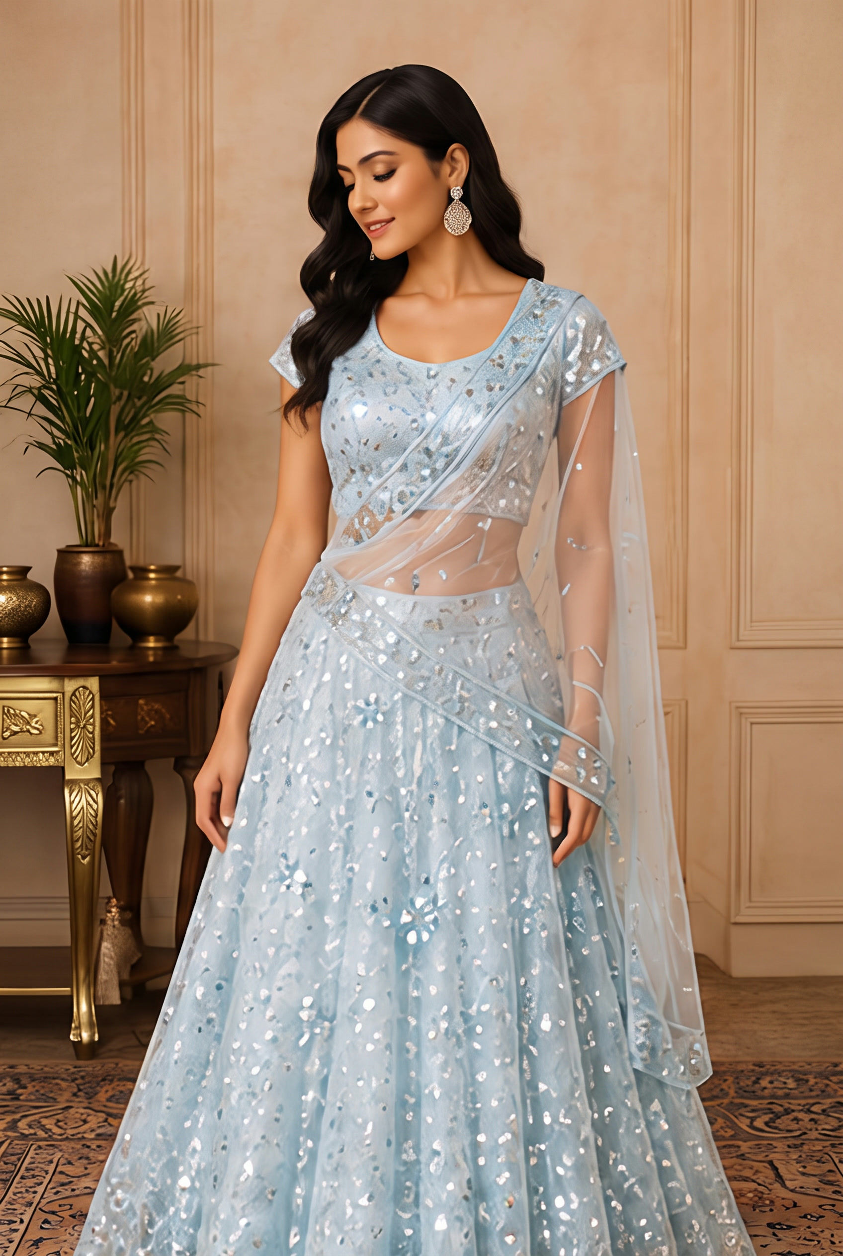 Ice Blue Sequin Lehenga Set modeled, alternate pose