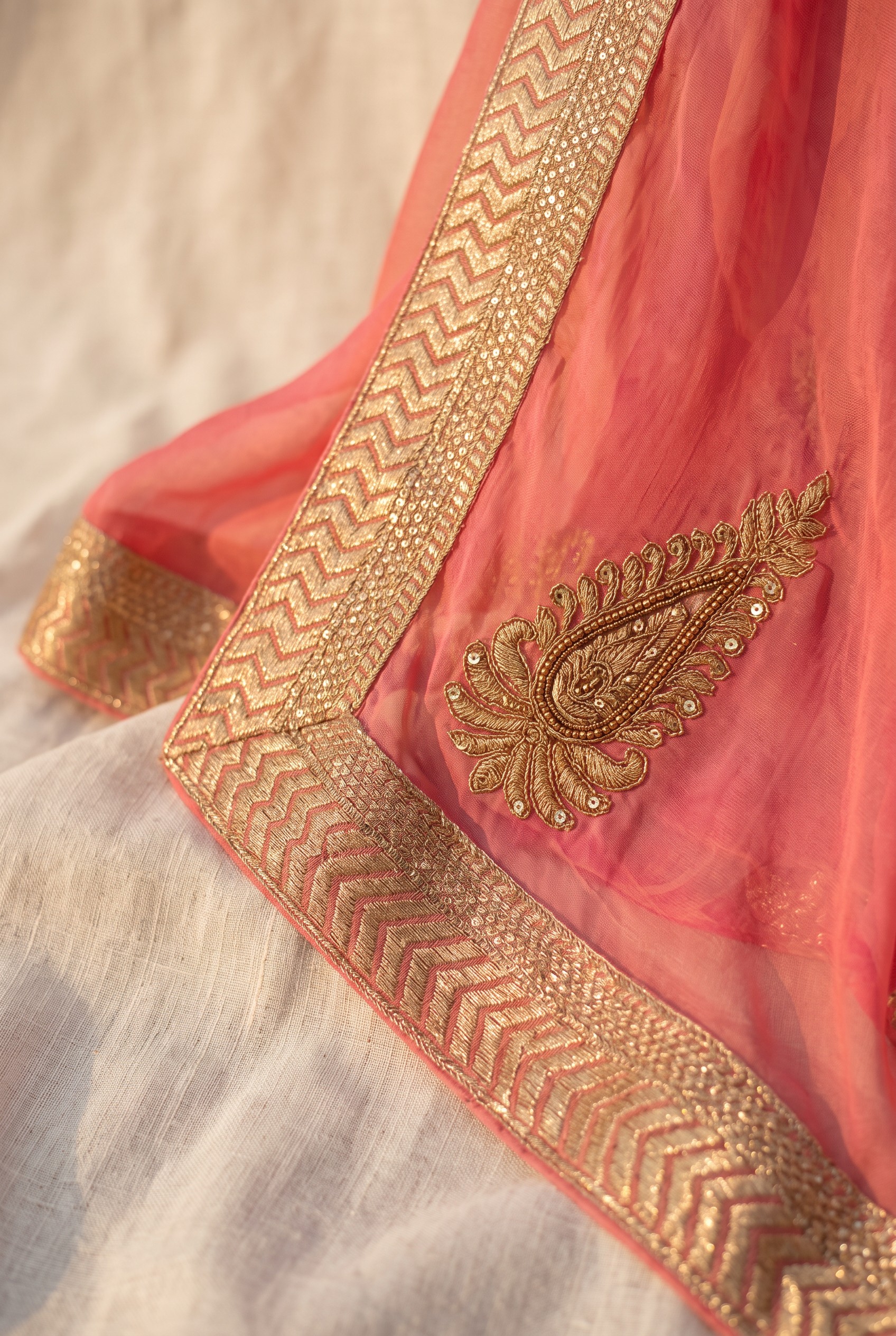Coral Pink Gold-Border Saree, view 2