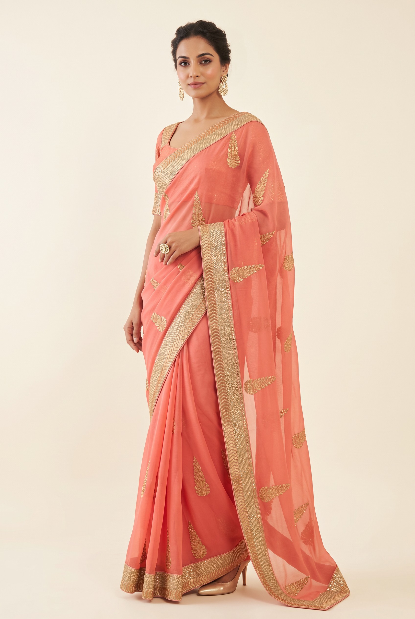 Coral Pink Gold-Border Saree modeled