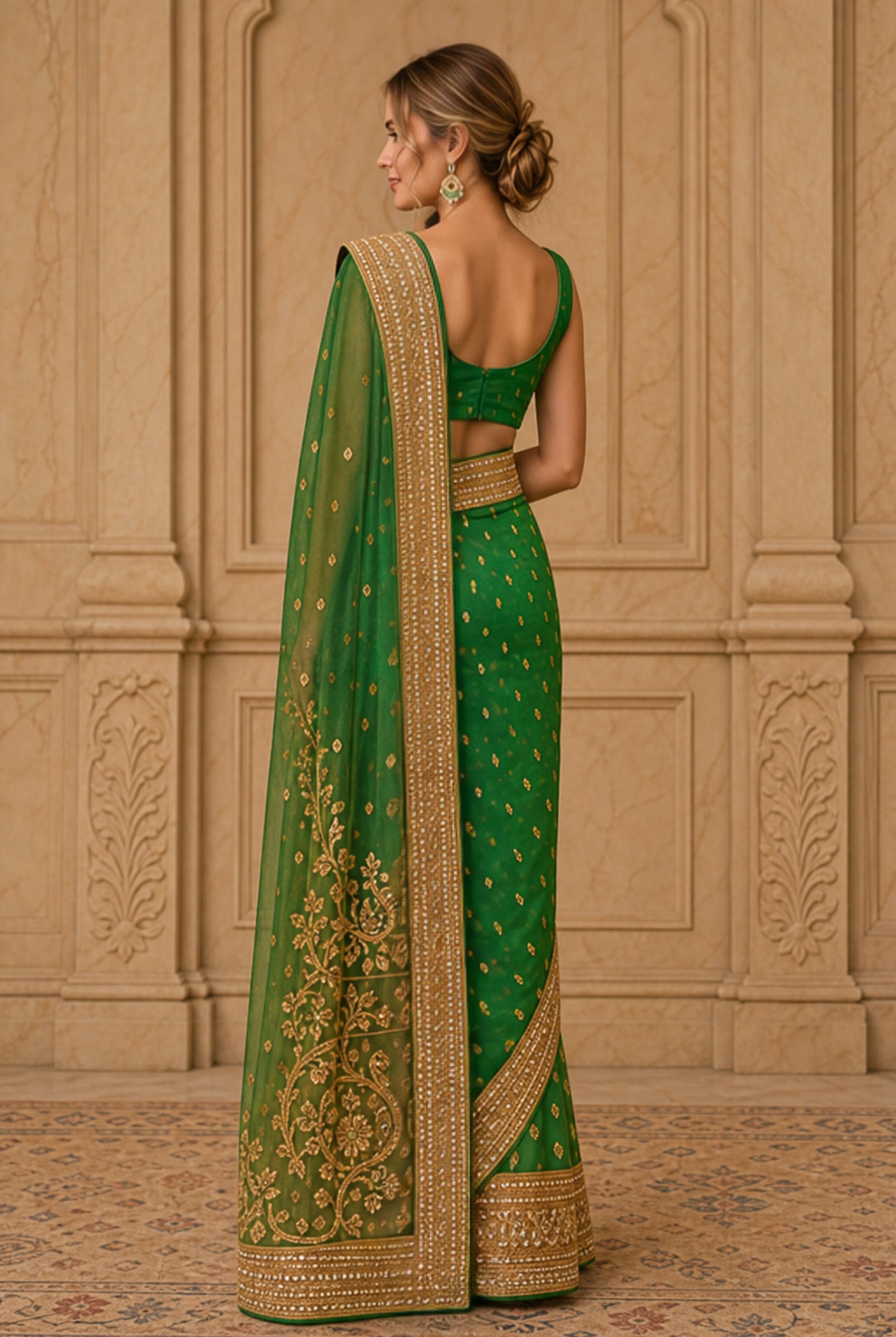 Emerald Green Embellished Saree Set, view 3