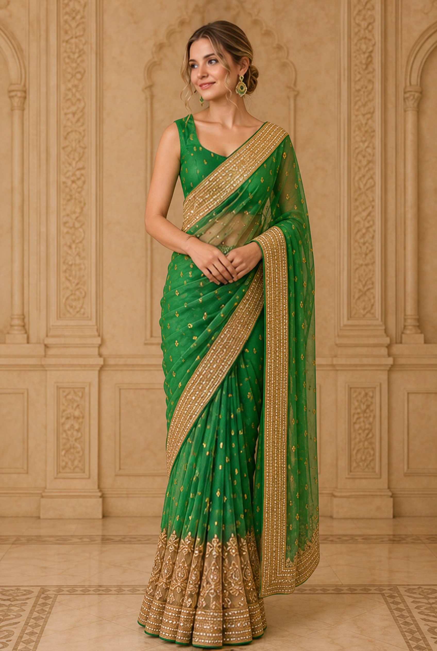 Emerald Green Embellished Saree Set, view 2