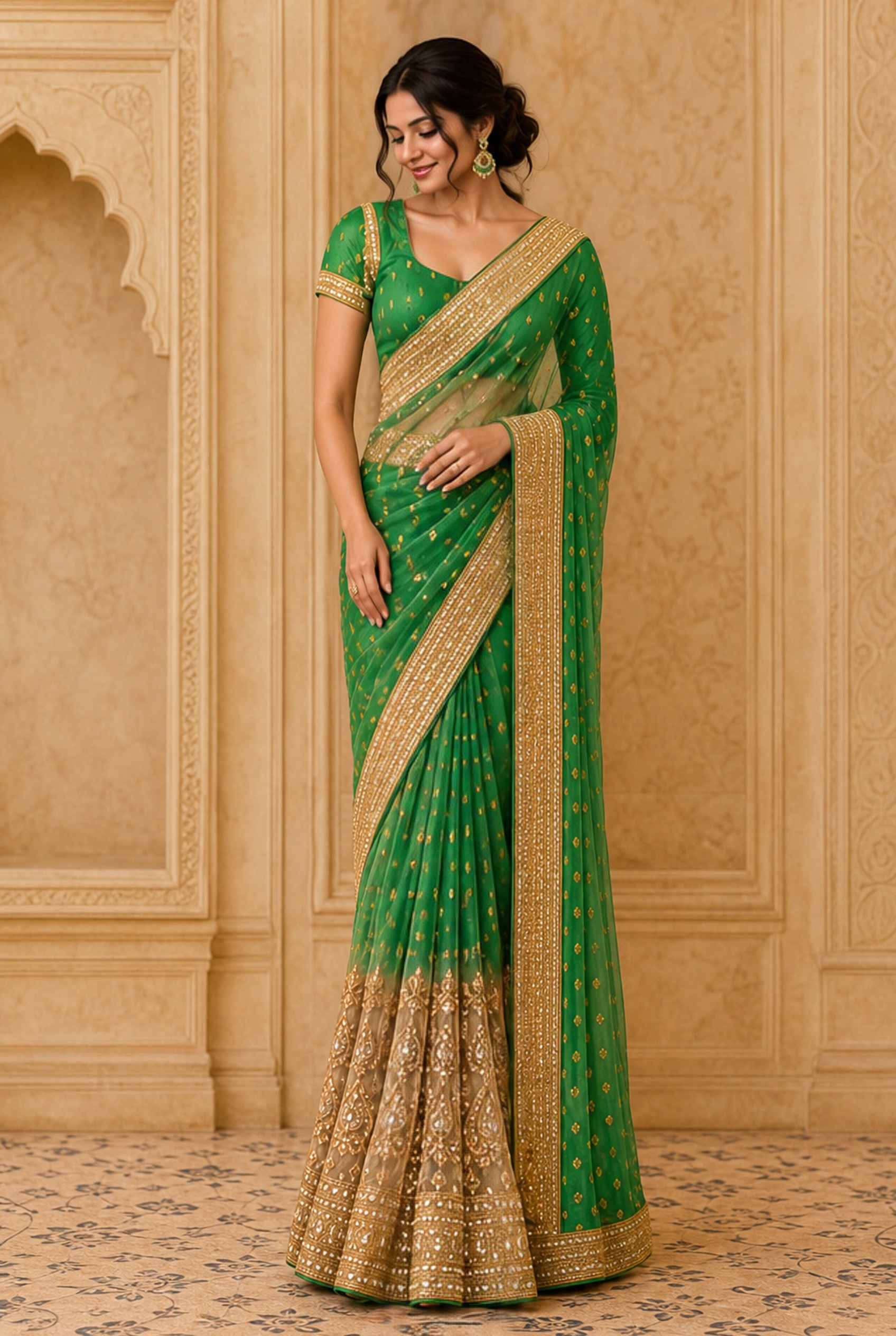 Emerald Green Embellished Saree Set, view 1