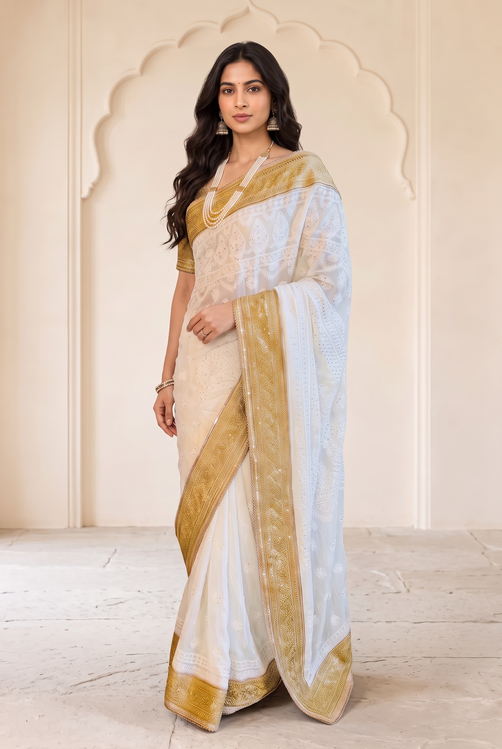 Soch White Gold-Border Saree modeled