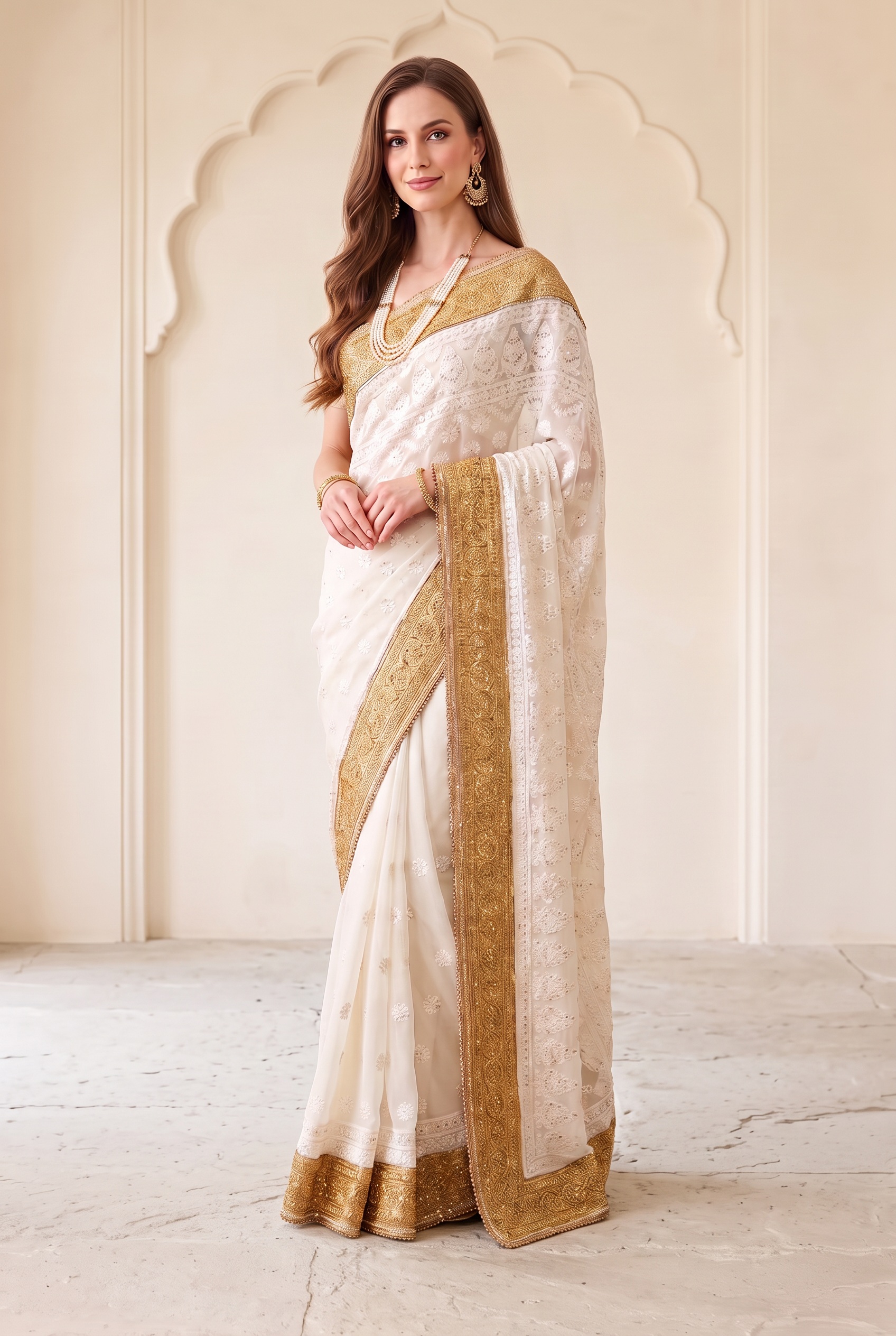 Soch White Gold-Border Saree modeled, alternate pose